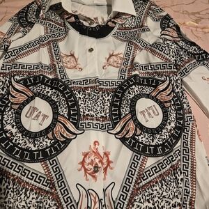 Graphic Long Sleeve Shirt with Black and Orange Patterns